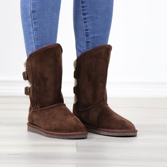 Brown Warm Sherpa Boots Flat Winter Booties Lining Inside Mid Calf - Picture 2 of 11